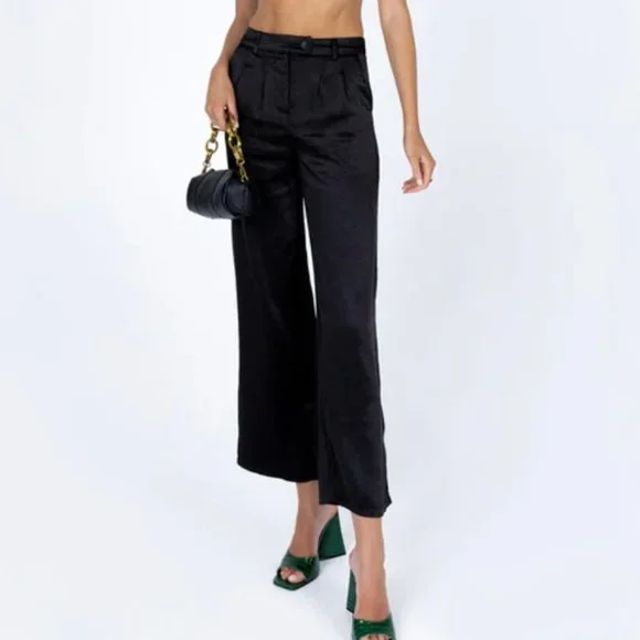 Princess Polly Huxley Black Satin Wide Leg Trouser Pants 8 - Picture 2 of 10